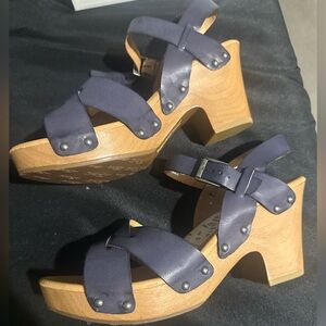 Kork-Ease Navy Leather Wooden Heel Mules